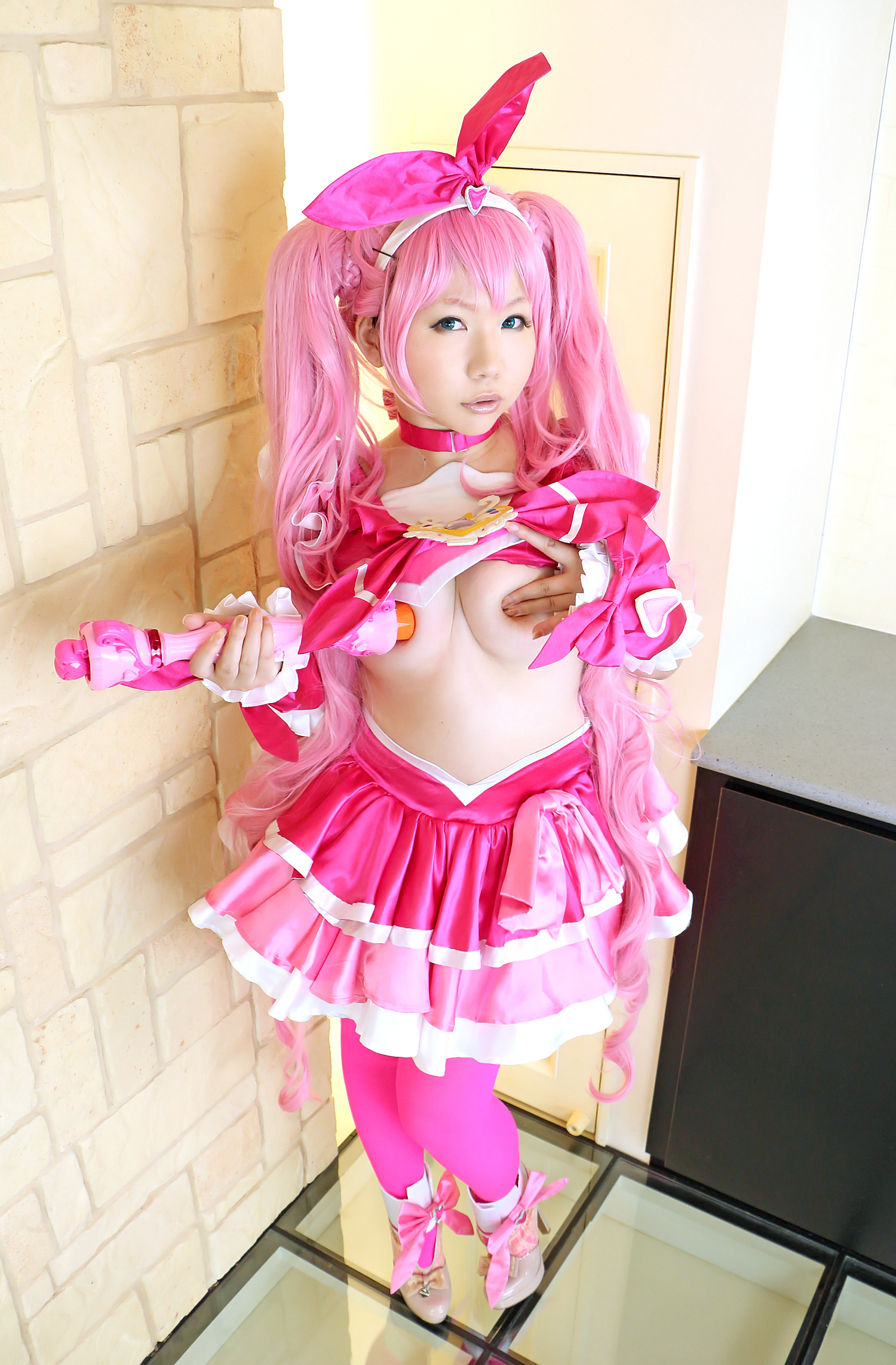 asian breasts cosplay female high_heels long_hair midriff pink_hair shoes skirt solo thighhighs twintails