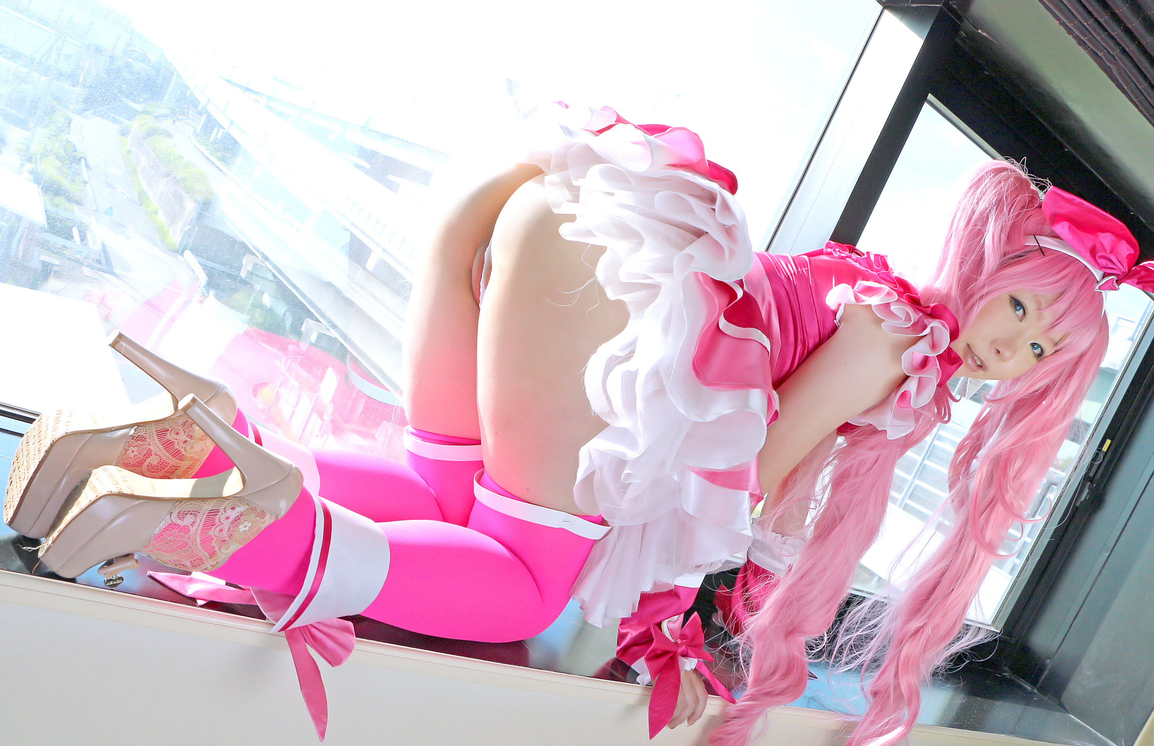 asian breasts cosplay female high_heels long_hair midriff pink_hair shoes skirt solo thighhighs twintails