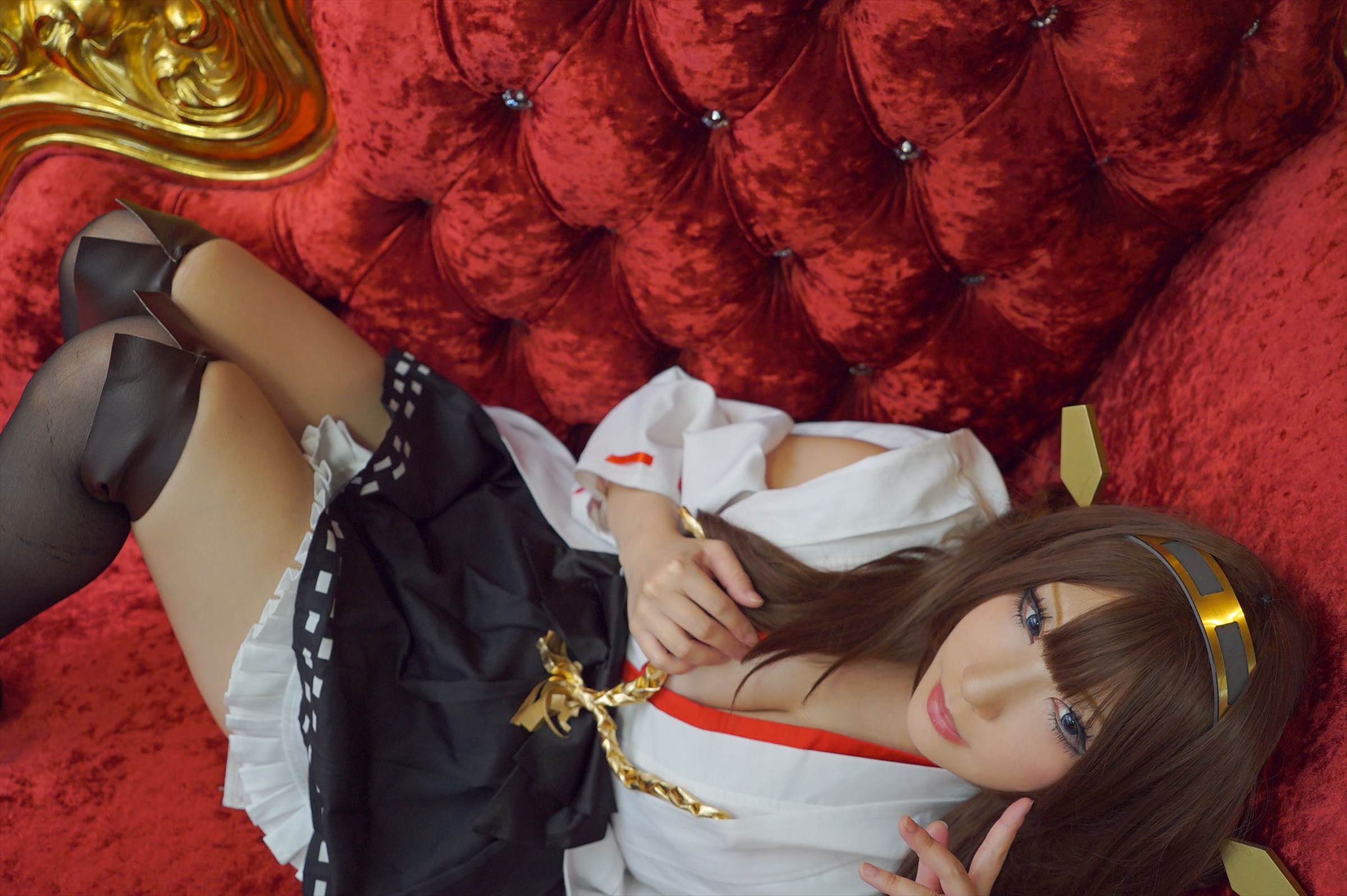 asian breasts brown_hair cosplay female high_heels large_breasts long_hair shoes shooting_star skirt solo