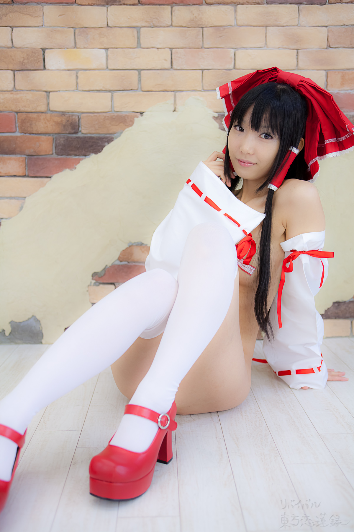 asian bare_shoulders black_hair breasts cosplay female long_hair navel pasties socks solo twintails