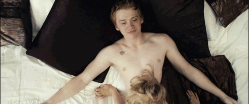 animated bed blonde_hair dog female gif male on_back rupert_grint sexually_suggestive short_hair straight tag topless