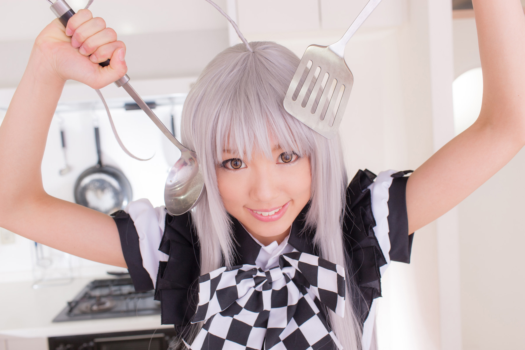 apron asian breasts cosplay female grey_hair high_heels long_hair panties shoes skirt solo thighhighs