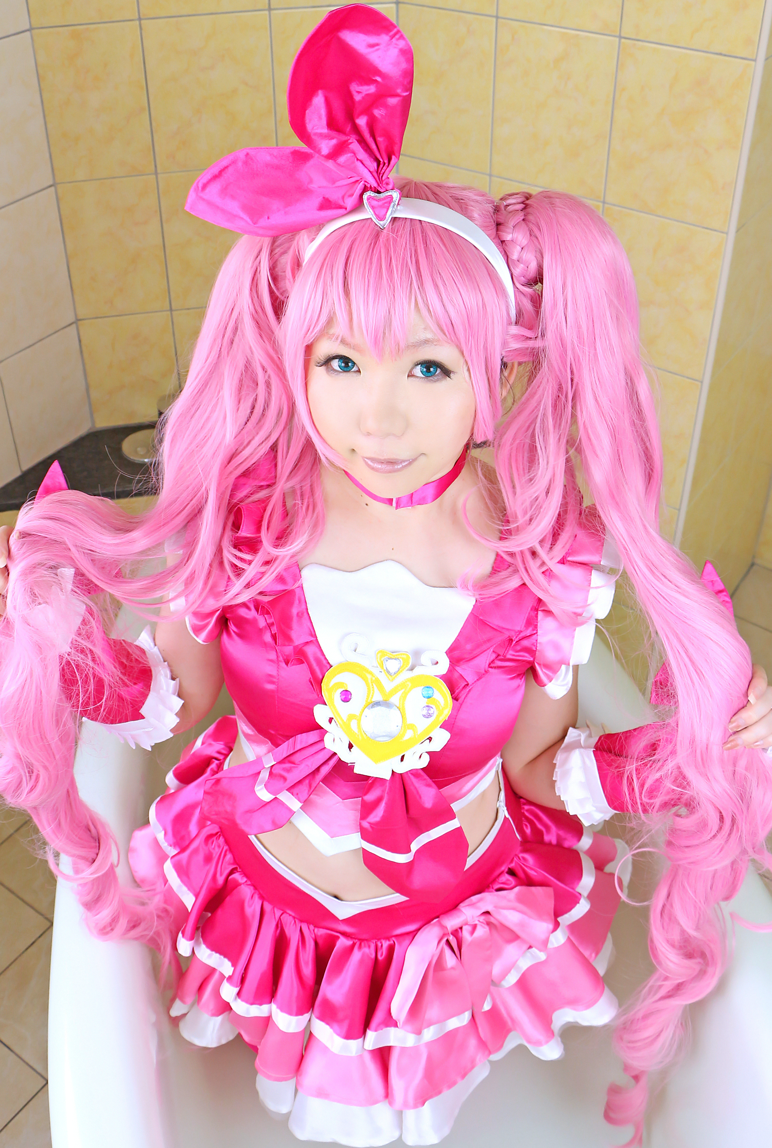 asian breasts cosplay female high_heels long_hair midriff pink_hair shoes skirt solo thighhighs twintails