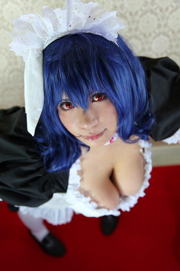 1girl blue_hair breasts choker chouzuki_maryou cleavage clothed cosplay female female_only huge_breasts long_hair looking_at_viewer looking_up non-nude skirt solo thighhighs watermark