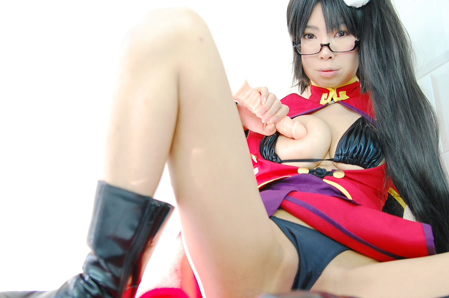 ashiya_noriko asian black_hair breasts cleavage female glasses high_heels large_breasts long_hair shoes solo