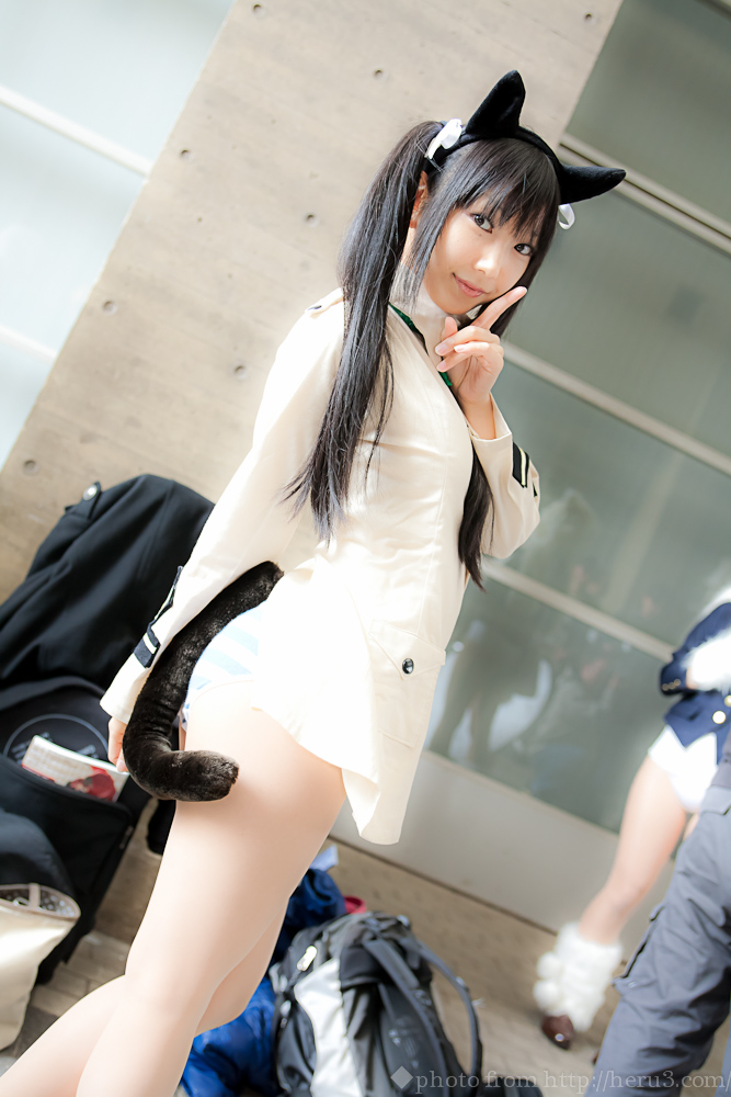 asian black_hair breasts cosplay female francesca_lucchini lenfried long_hair pigtails solo strike_witches watermark