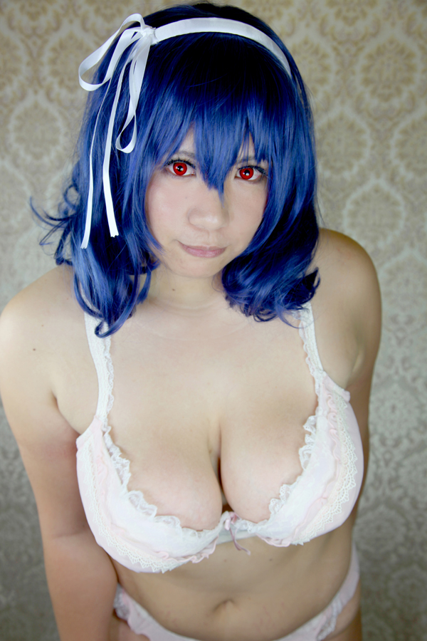 blue_hair bra breasts chouzuki_maryou cleavage cosplay large_breasts long_hair midriff panties