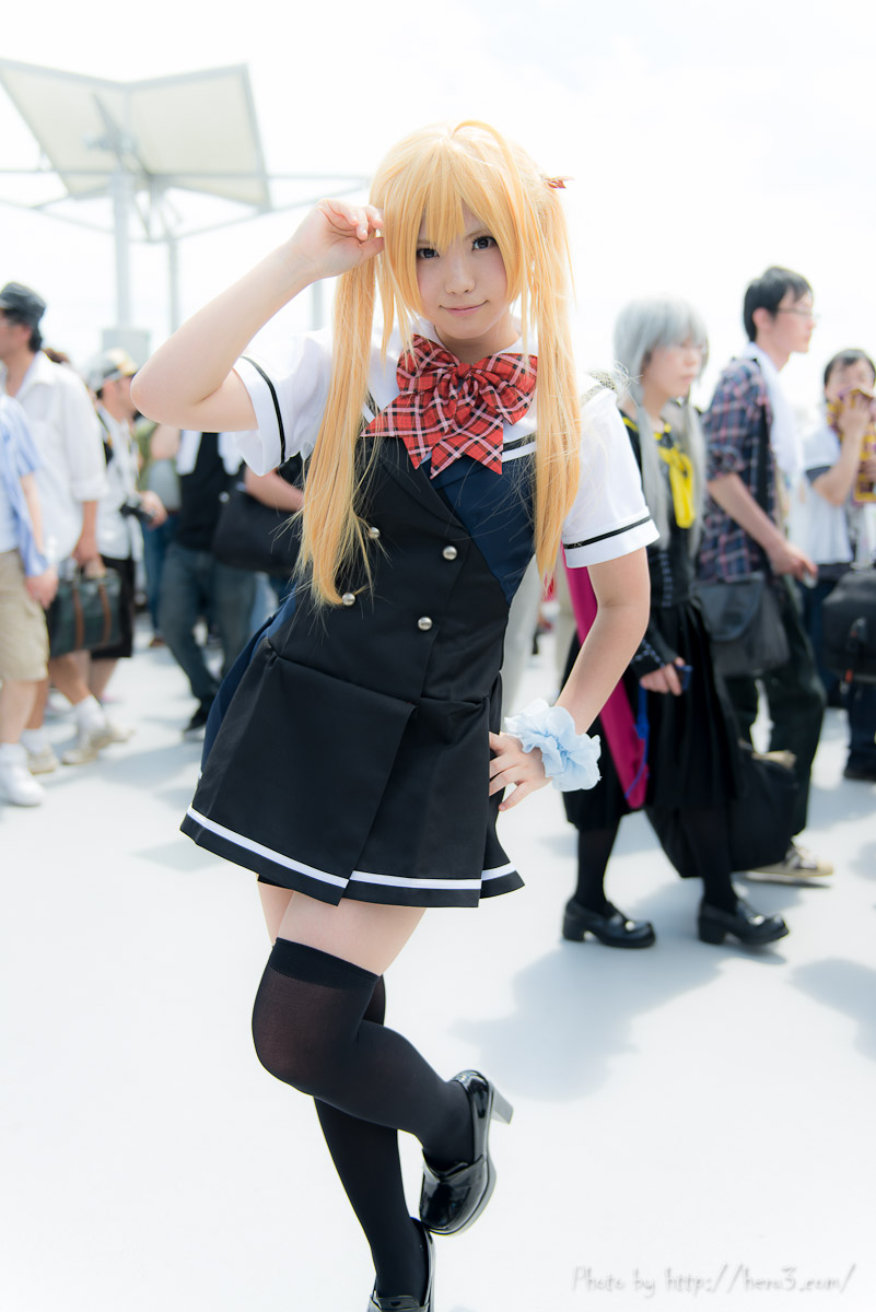 asian blonde_hair breasts cosplay long_hair outside