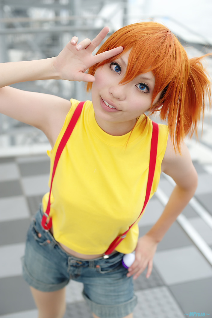 asian cosplay hinomura_uta misty_(pokemon) nintendo orange_hair photo pokemon real real_person shorts side_ponytail suspenders tank_top