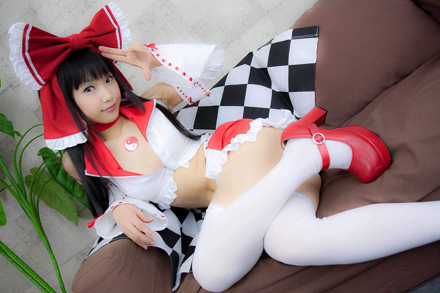 asian belt black_hair breasts cosplay female high_heels long_hair midriff shoes solo thighhighs