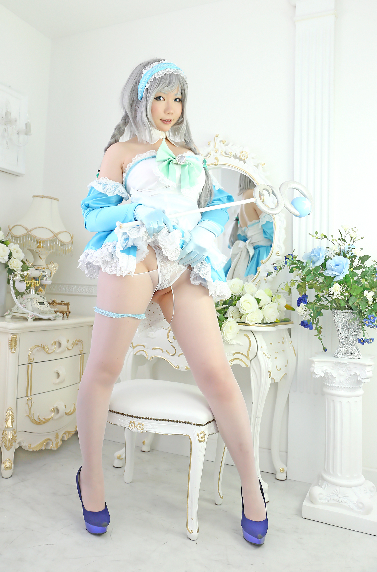 asian breasts cosplay dress female gloves gray_hair high_heels long_hair shoes solo thighhighs
