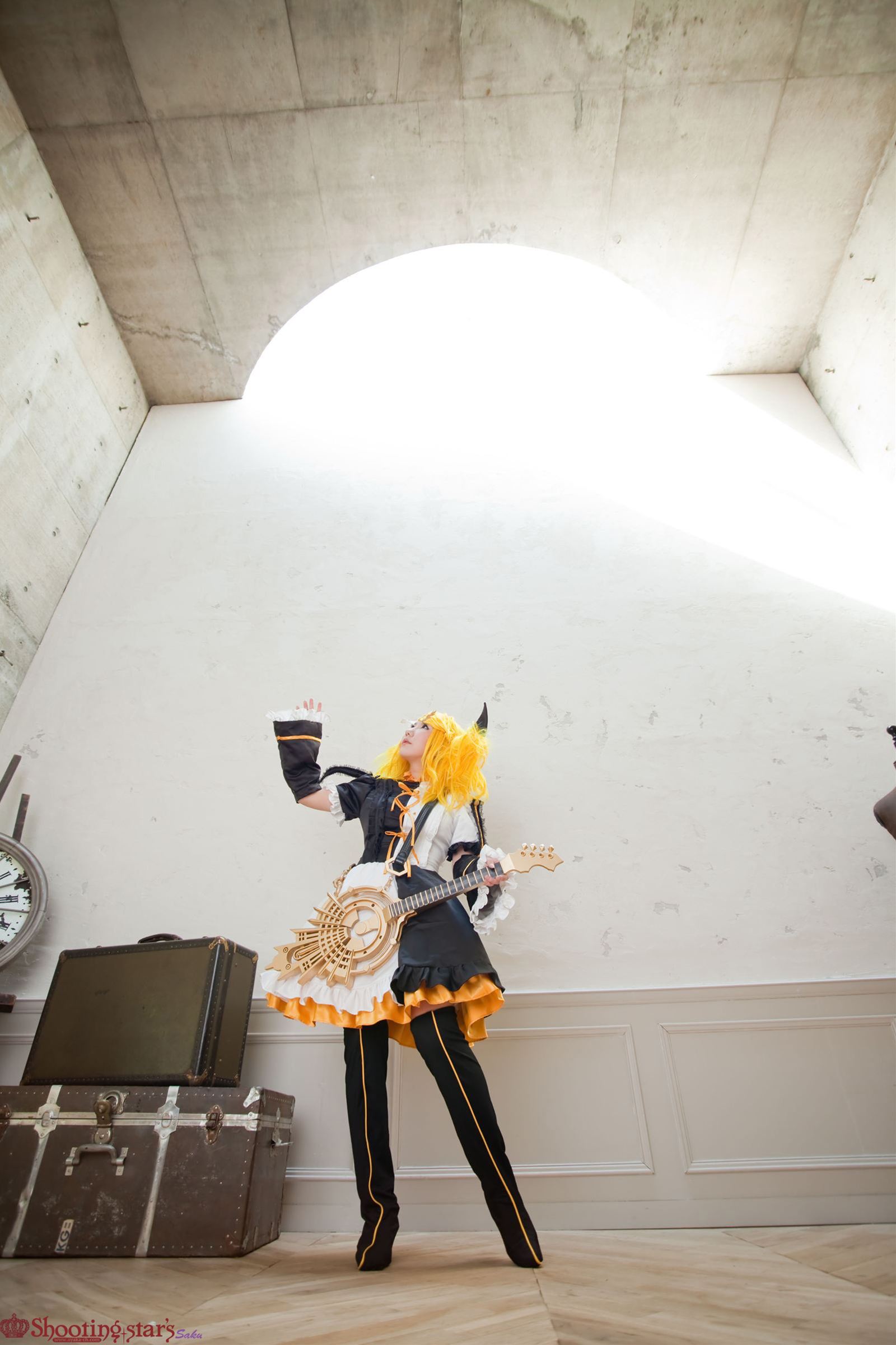 asian blonde_hair breasts cosplay elbow_gloves female gloves long_hair pigtails shooting_star solo watermark