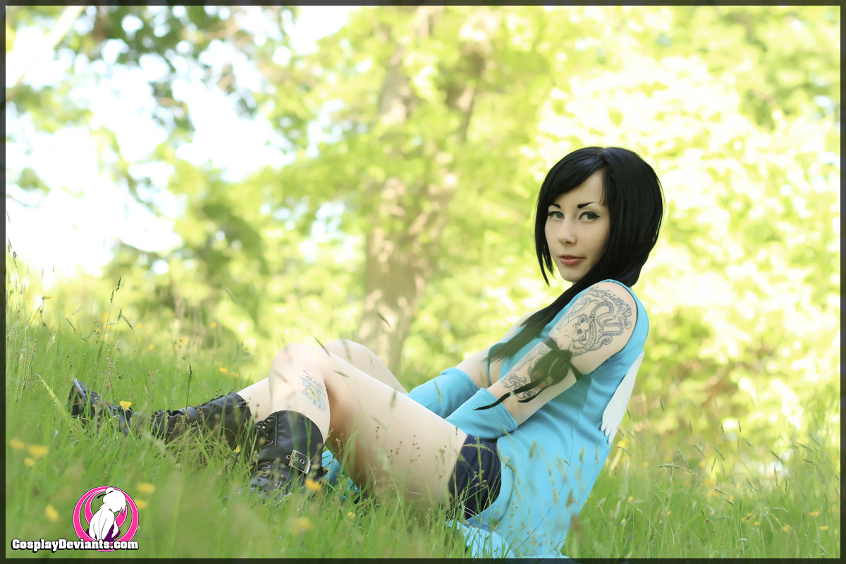 black_hair breasts cosplay female grass long_hair outside porphyria solo tattoo watermark