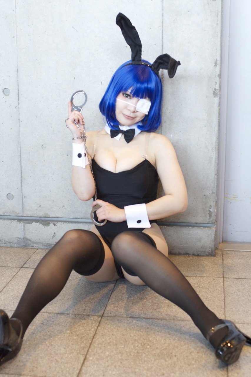 animal_ears asian bare_shoulders blue_hair breasts cleavage cosplay female handcuffs leotard long_hair solo