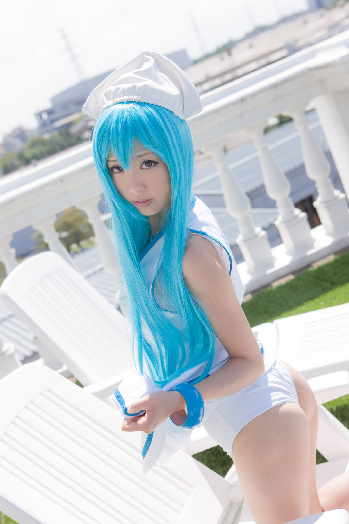 asian blue_hair breasts cosplay dress female hat long_hair outside panties solo vibrator