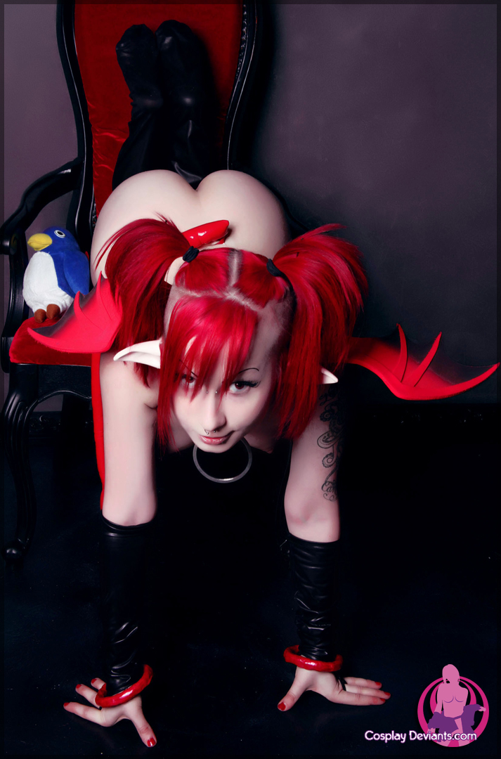 breasts cosplay female long_hair pigtails porphyria red_hair small_breasts solo thighhighs watermark wings