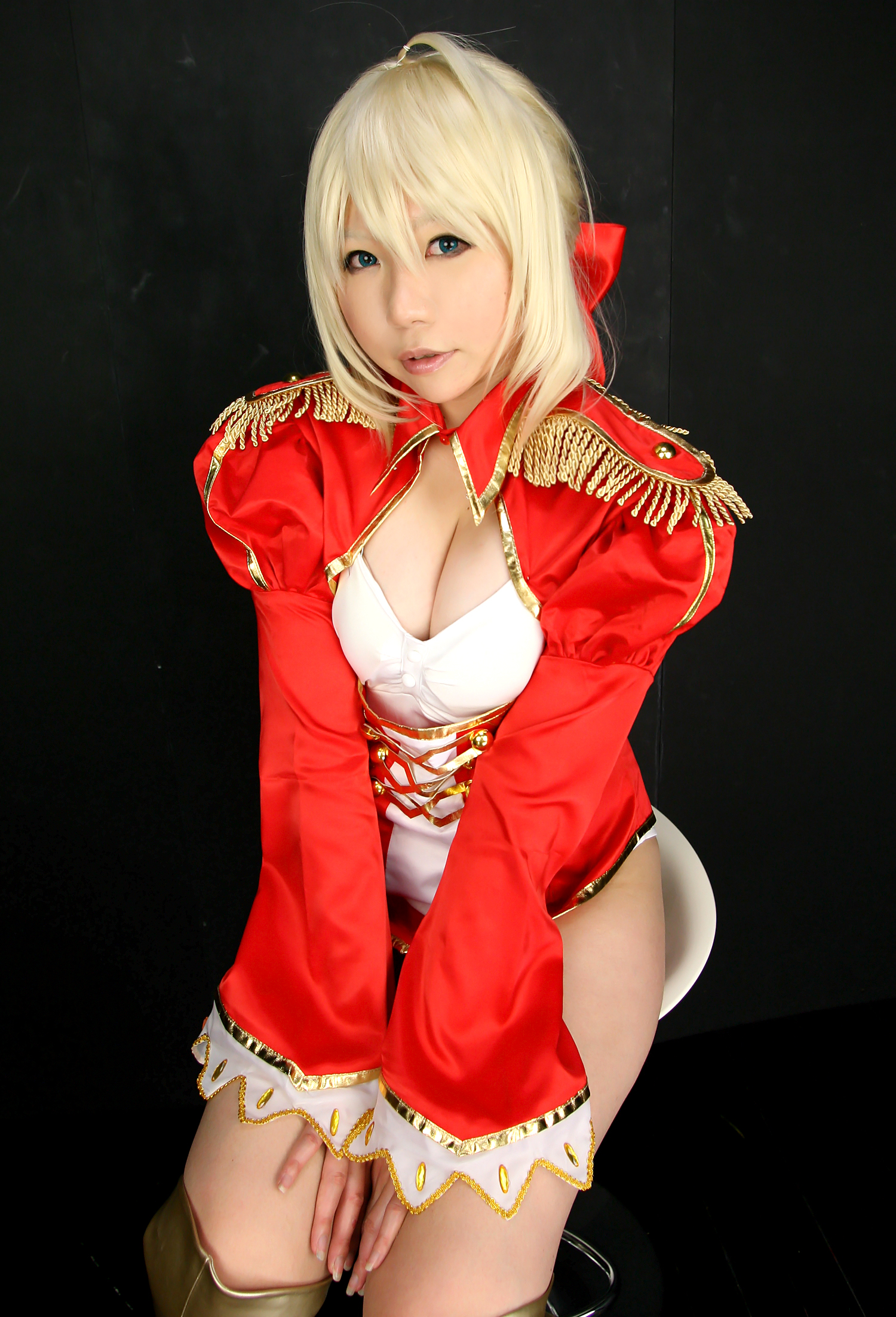 asian blonde_hair boots breasts cosplay dress female high_heels long_hair panties solo