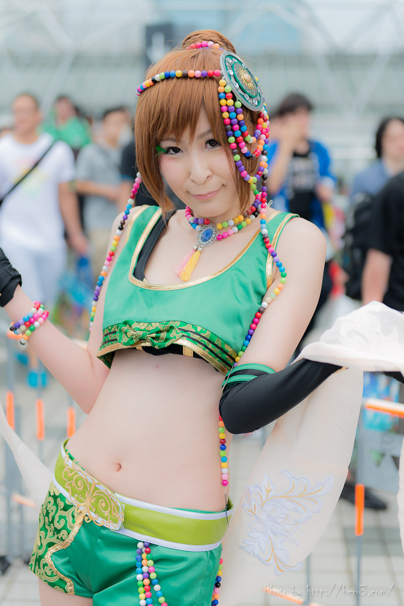 asian breasts brown_hair cosplay long_hair midriff navel outside