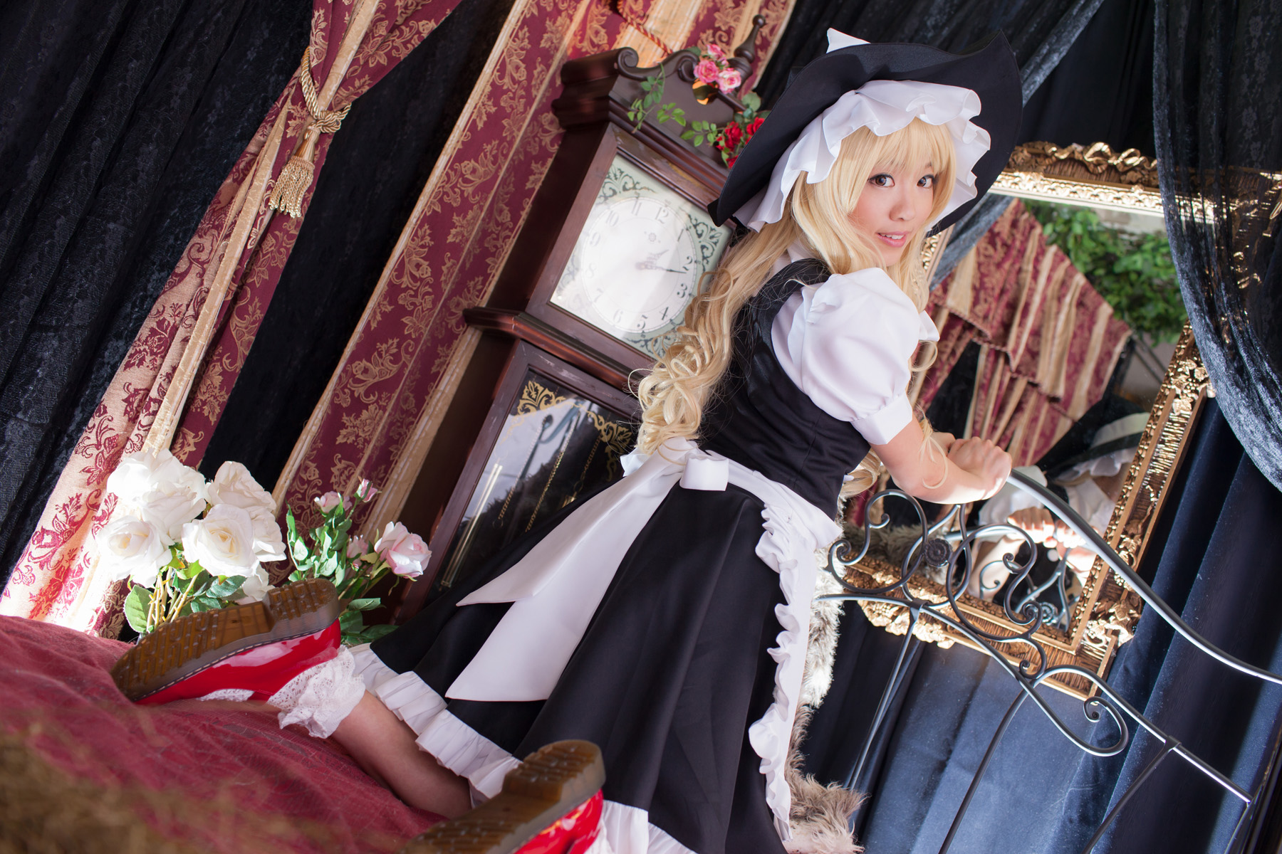 asian bed blonde_hair breasts cosplay dress female hat long_hair shoes socks solo