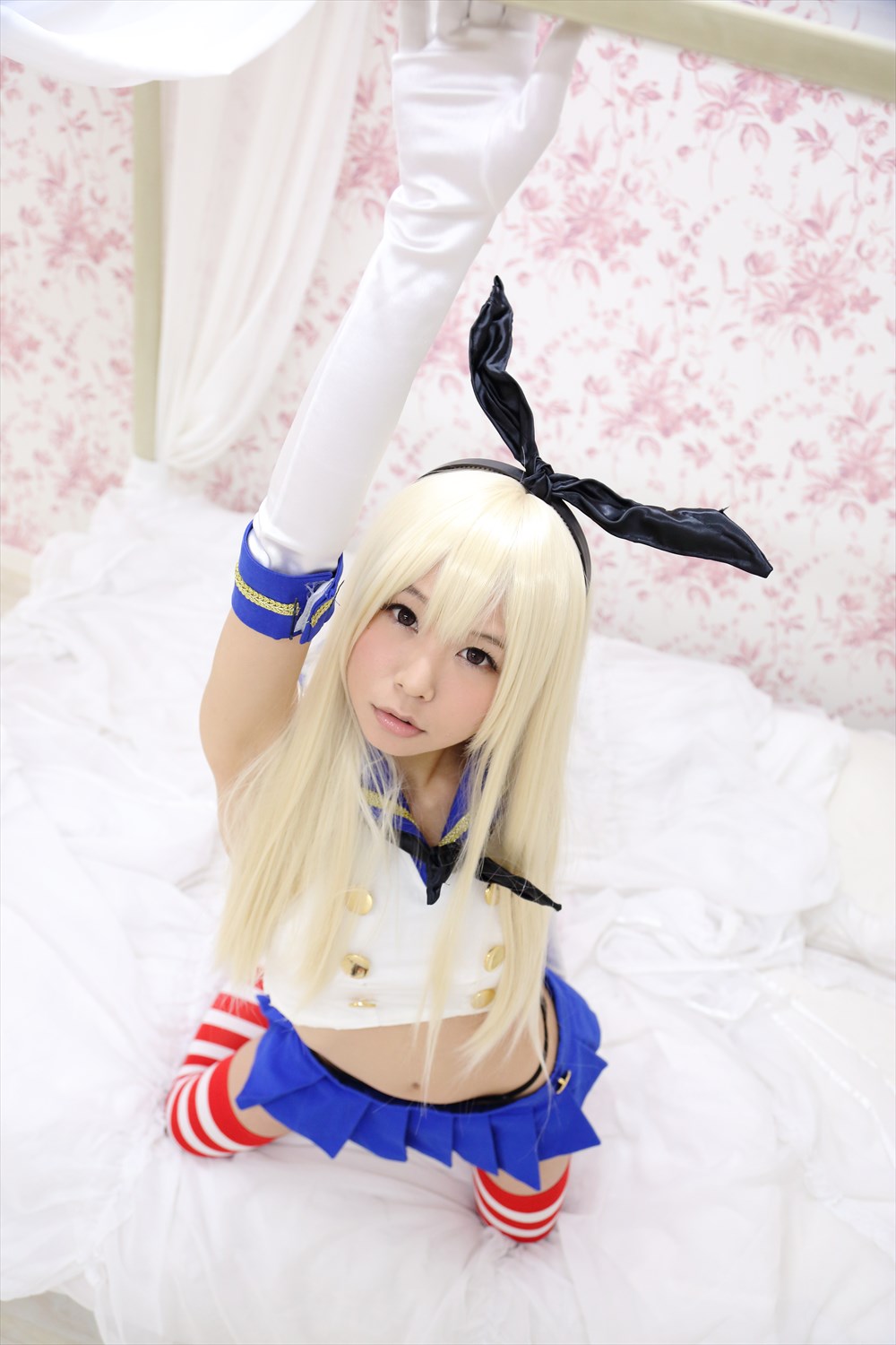 asian breasts cosplay female itsuki_akira long_hair shimakaze_(kantai_collection) solo white_hair