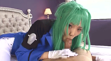 animated asian bed censored clothed_female_nude_male cosplay fellatio gif gloves green_hair long_hair penis saliva