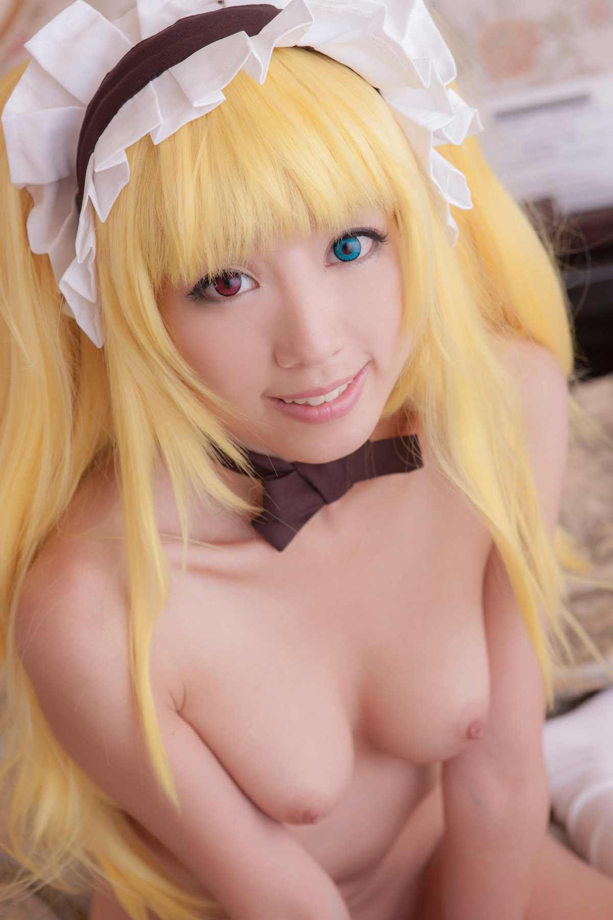 asian bed blonde_hair breasts cosplay dress erect_nipples female large_breasts long_hair navel nipples nude sitting solo thighhighs twintails