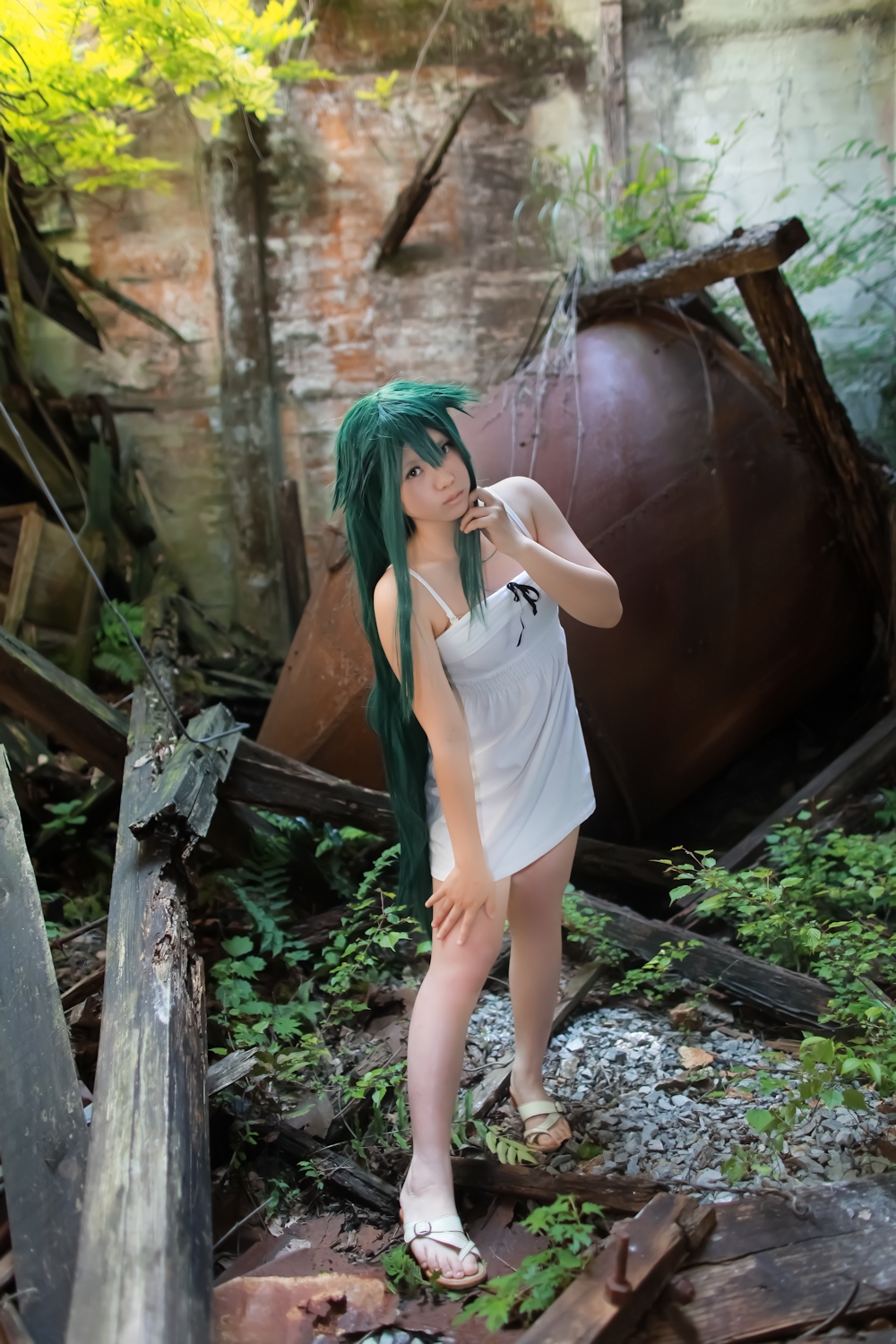 asian breasts cosplay dress enako female green_hair long_hair outside solo
