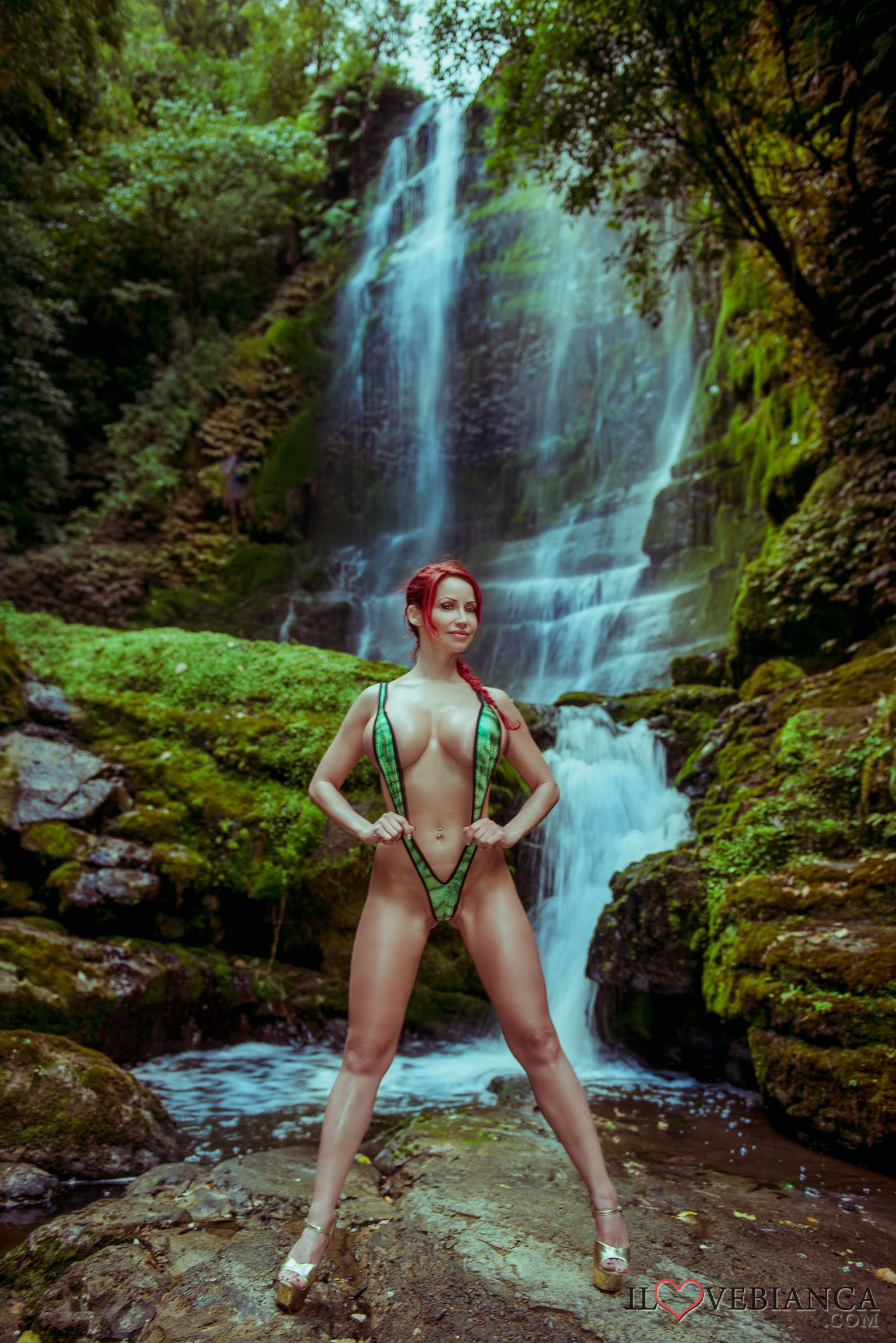 bianca_beauchamp breasts female large_breasts long_hair outside red_hair sling_bikini solo swimsuit water watermark wet