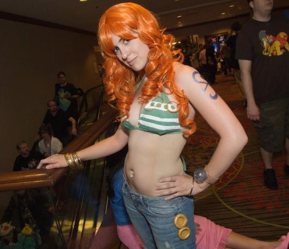 cosplay female long_hair looking_at_viewer male nami navel navel_piercing nico_robin one_piece orange_hair photo real real_person sitting solo_focus standing under_30