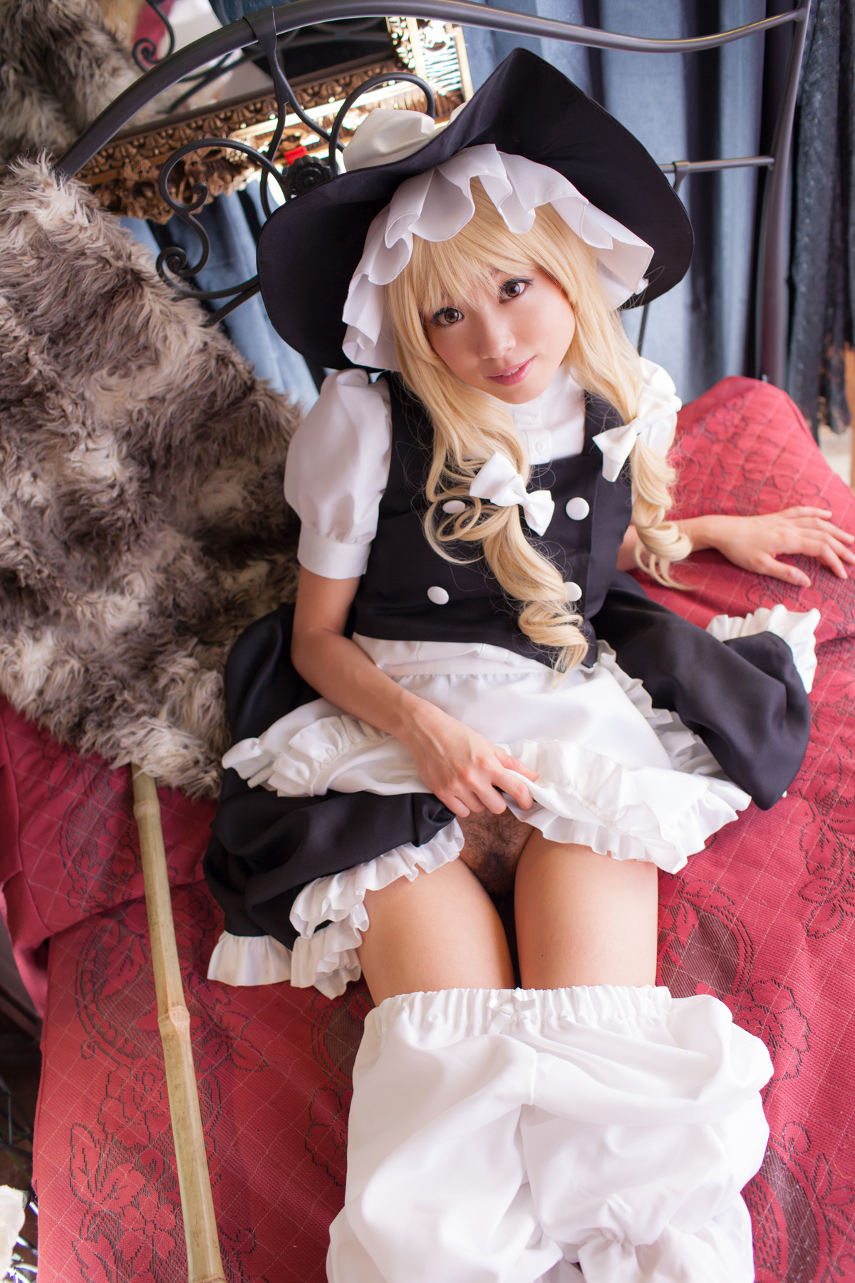 asian bed blonde_hair breasts cosplay dress female hat long_hair pubic_hair shoes socks solo