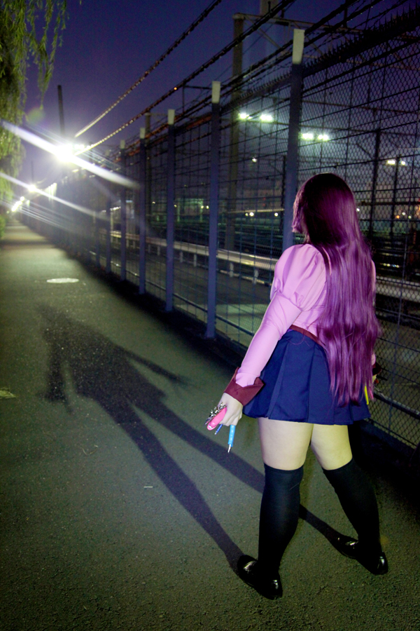 asian ass breasts chouzuki_maryou cosplay female huge_ass huge_breasts long_hair looking_back necktie outside purple_hair skirt socks solo