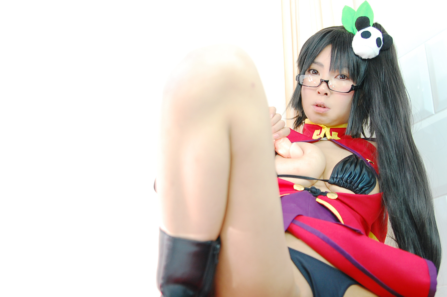 ashiya_noriko asian black_hair breasts cleavage female glasses high_heels large_breasts long_hair shoes solo