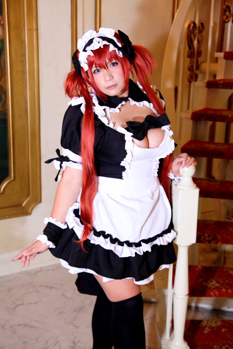 asian breasts chouzuki_maryou dress female huge_breasts long_hair maid plump red_hair shoes socks solo watermark