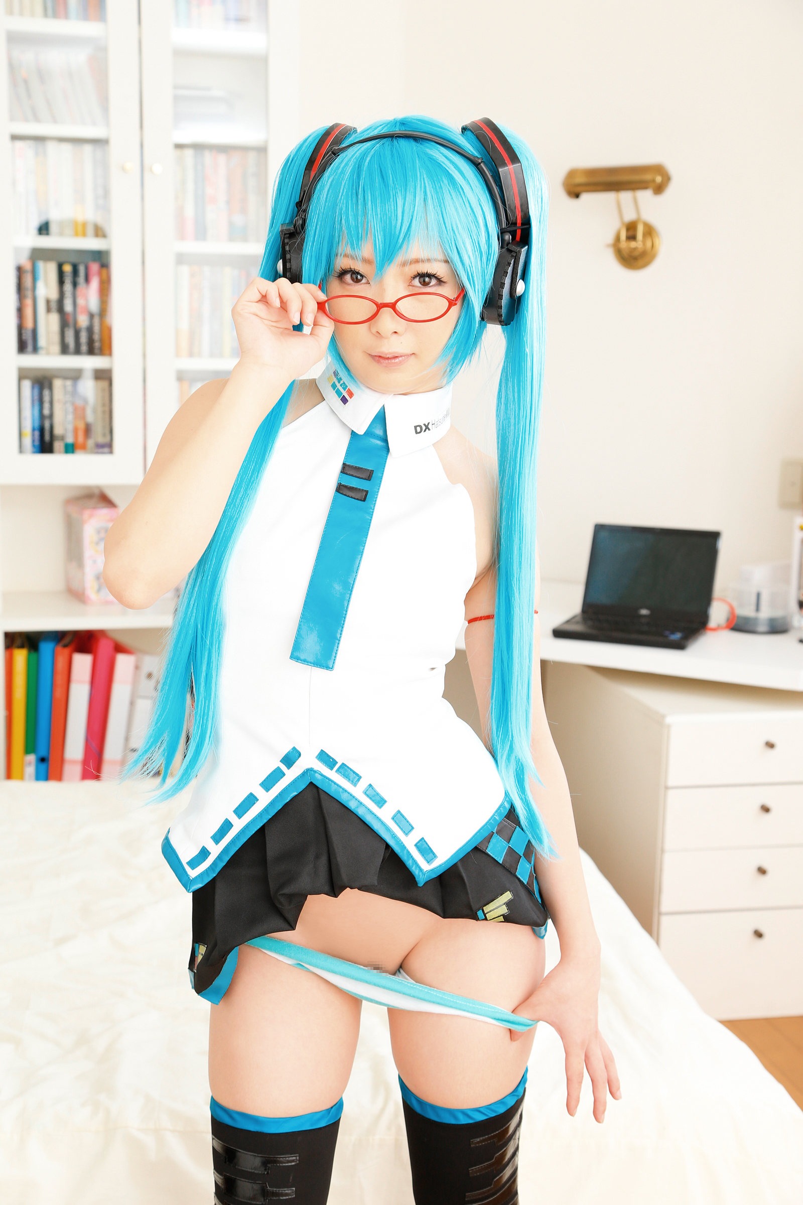 asian blue_hair cosplay female glasses headphones high_heels long_hair necktie shoes skirt socks solo