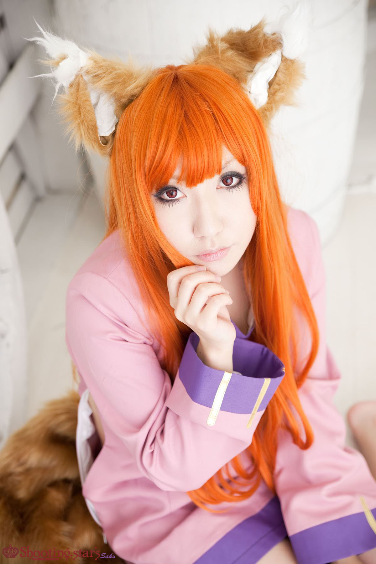 animal_ears asian breasts cosplay female long_hair orange_hair shooting_star solo watermark