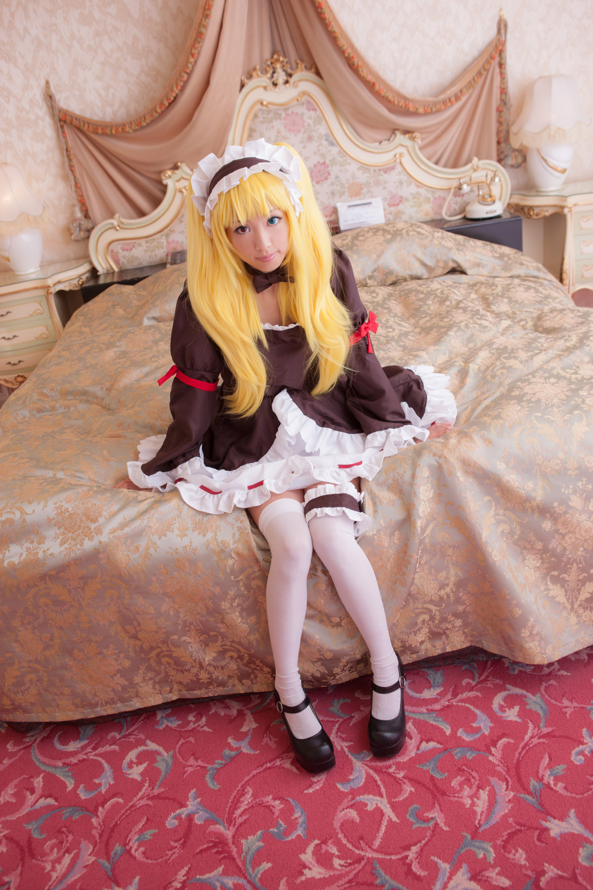 asian blonde_hair breasts cosplay dress female high_heels large_breasts long_hair shoes solo thighhighs twintails