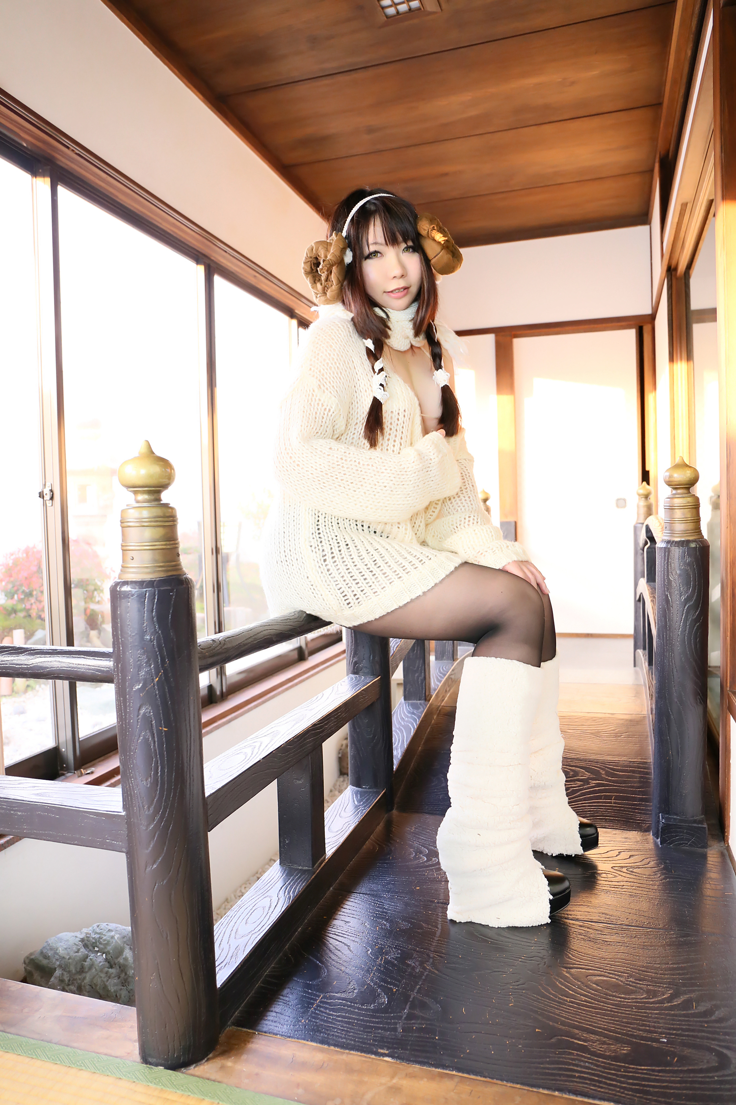 asian breasts brown_hair cosplay female horns long_hair shoes solo