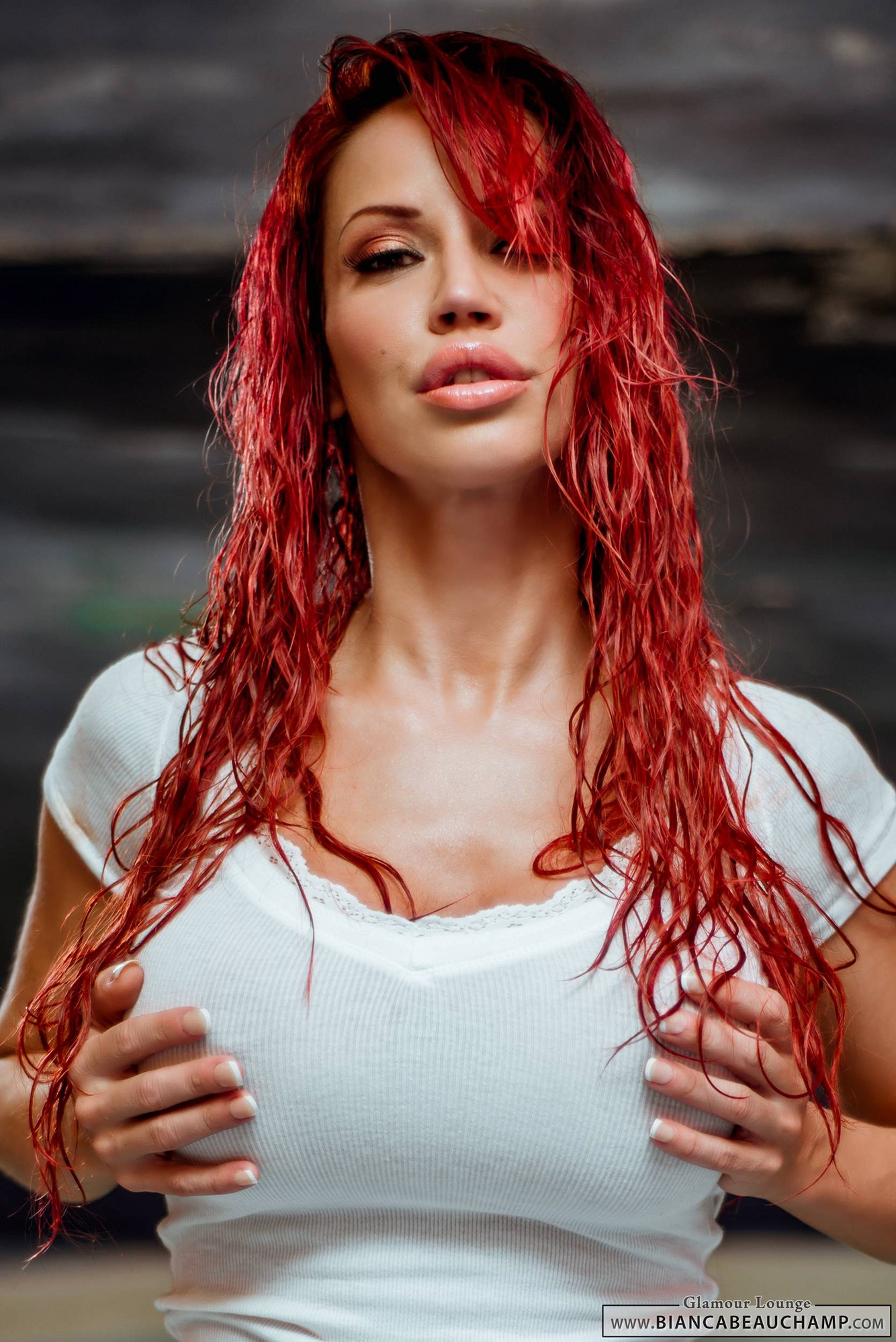 bianca_beauchamp breasts female large_breasts long_hair panties red_hair shirt solo water watermark wet