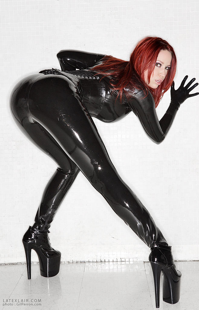 ass bianca_beauchamp breasts female high_heels large_breasts latex long_hair looking_back red_hair shoes solo watermark