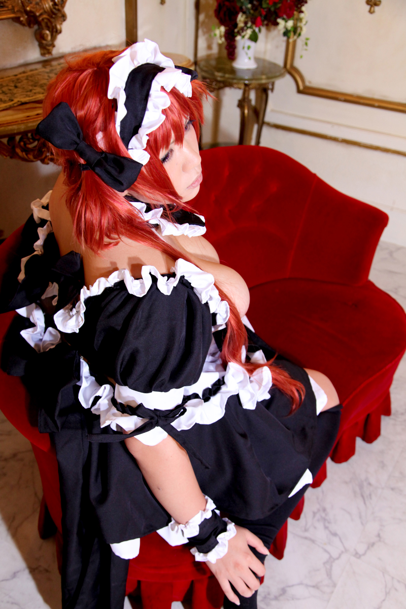 asian breasts chouzuki_maryou dress female huge_breasts long_hair maid plump red_hair shoes socks solo watermark