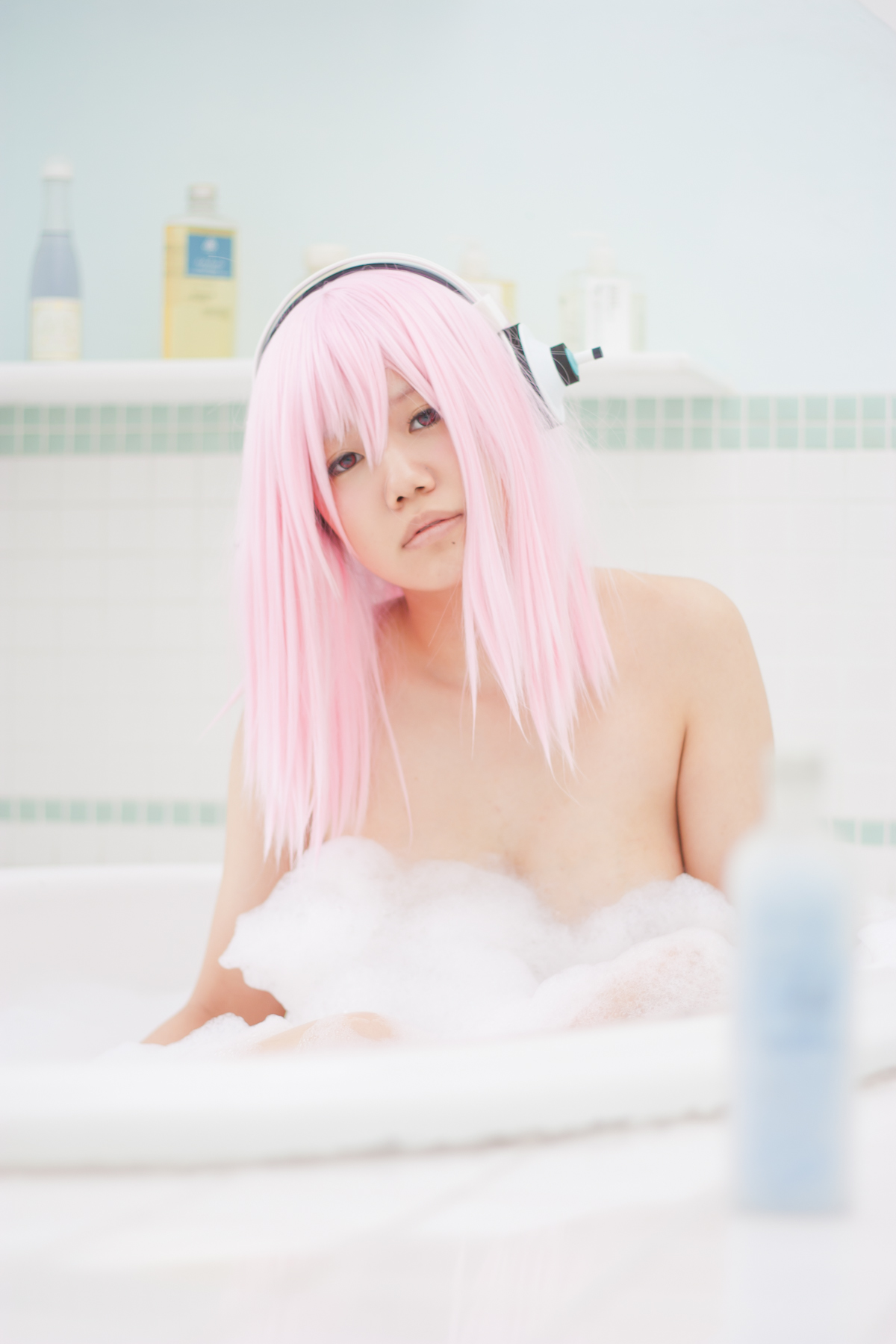 asian bathroom breasts cosplay female headphones long_hair nude pink_hair solo