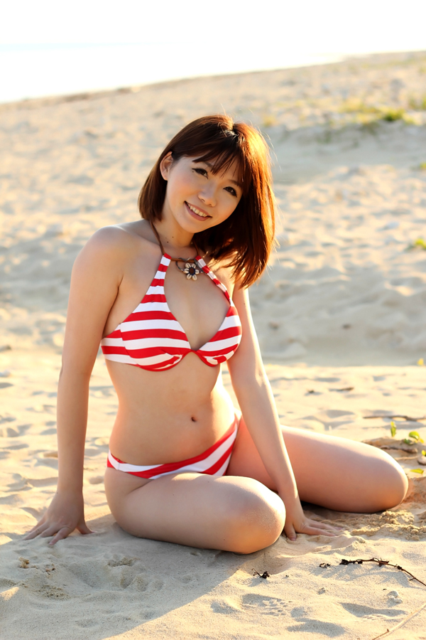 asian breasts brown_hair cosplay female higurashi_rin long_hair solo watermark
