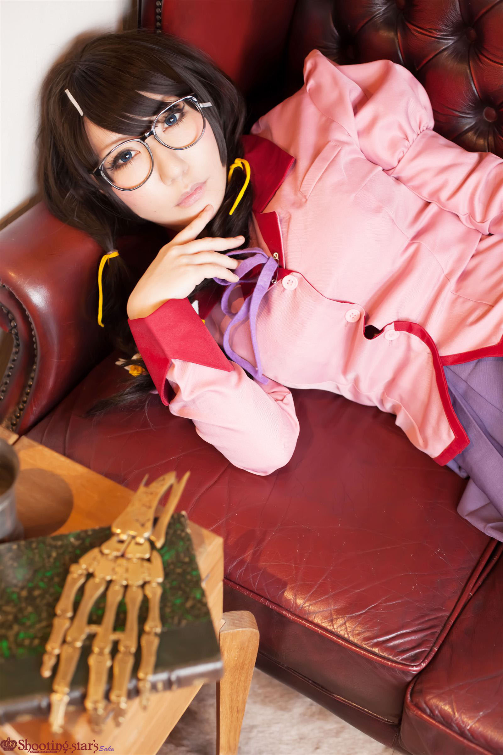 asian black_hair breasts cosplay female glasses high_heels kneehighs long_hair shoes shooting_star skirt solo watermark