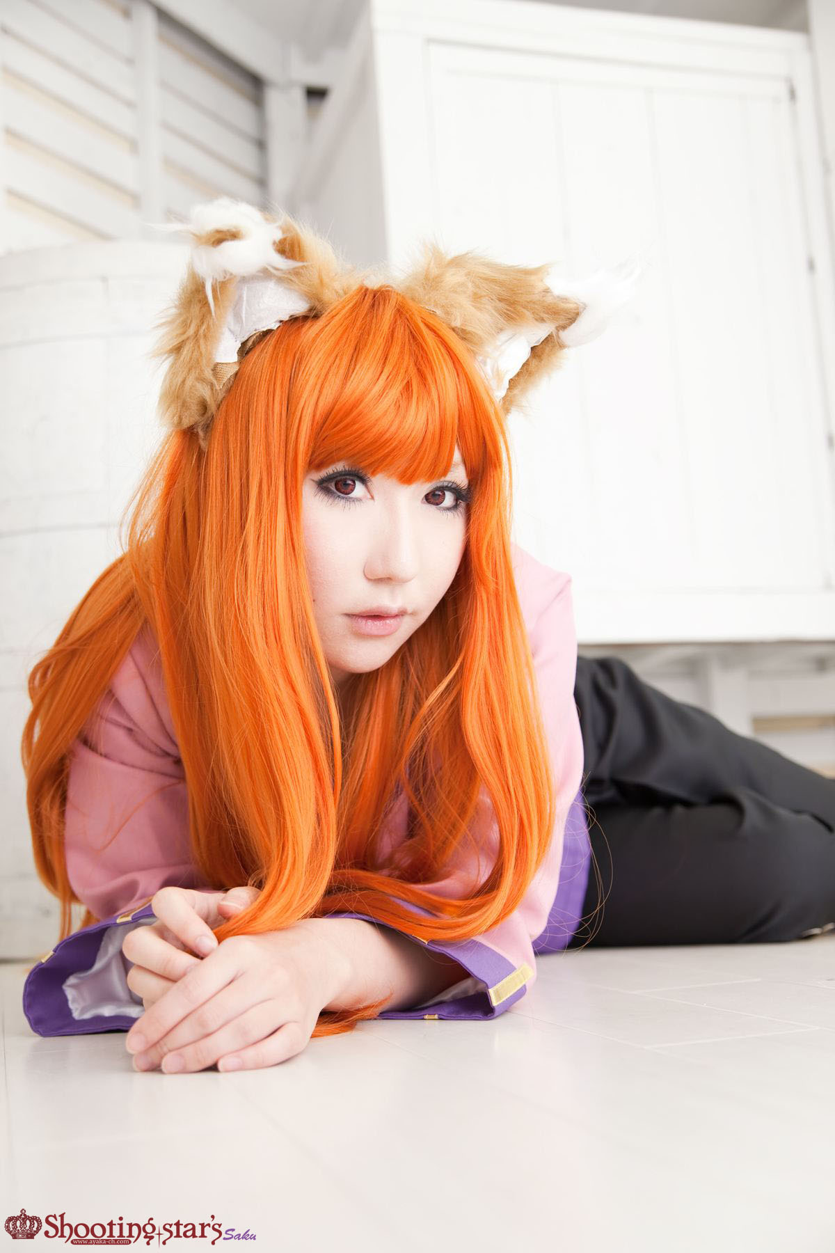 animal_ears asian breasts cosplay female long_hair orange_hair shooting_star solo watermark