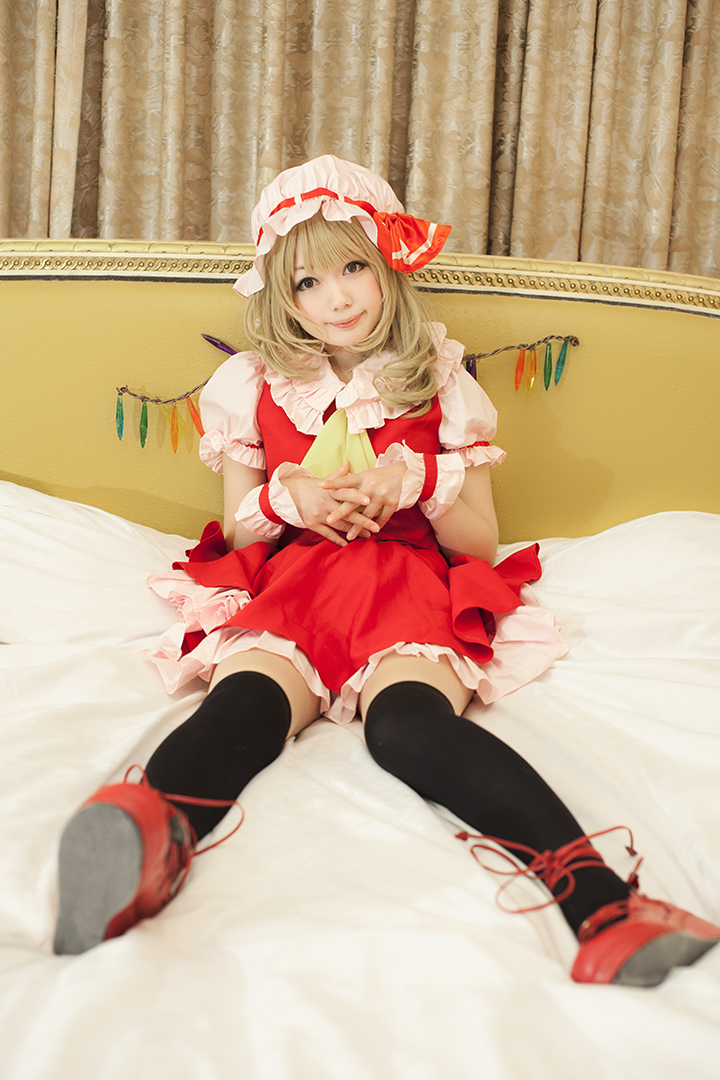 asian bed blonde_hair breasts cosplay female hat long_hair shizuku shoes sitting solo