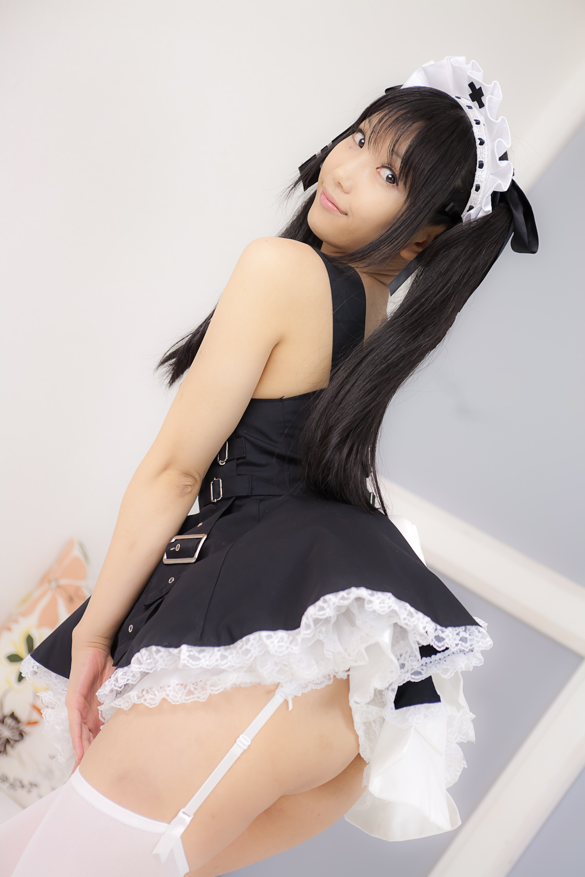 asian ass black_hair breasts female garter_belt high_heels long_hair looking_back pigtails shoes smile solo thighhighs