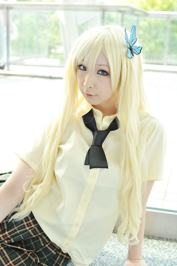 asian blonde_hair breasts cosplay female long_hair solo watermark