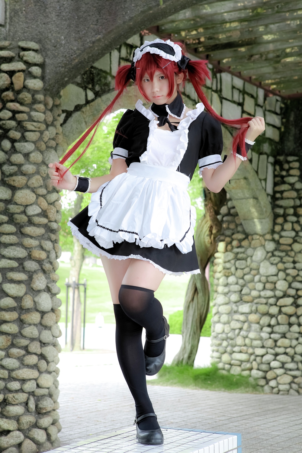 asian breasts cosplay enako female long_hair pigtails red_hair solo