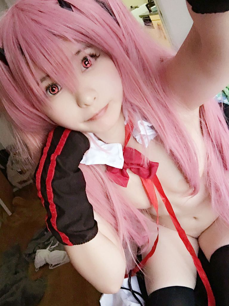asian belly bow contact_lenses convenient_censoring cosplay cute female gloves krul_tepes looking_at_viewer nude owari_no_seraph photo pink_hair red_eyes selfie sitting thighhighs