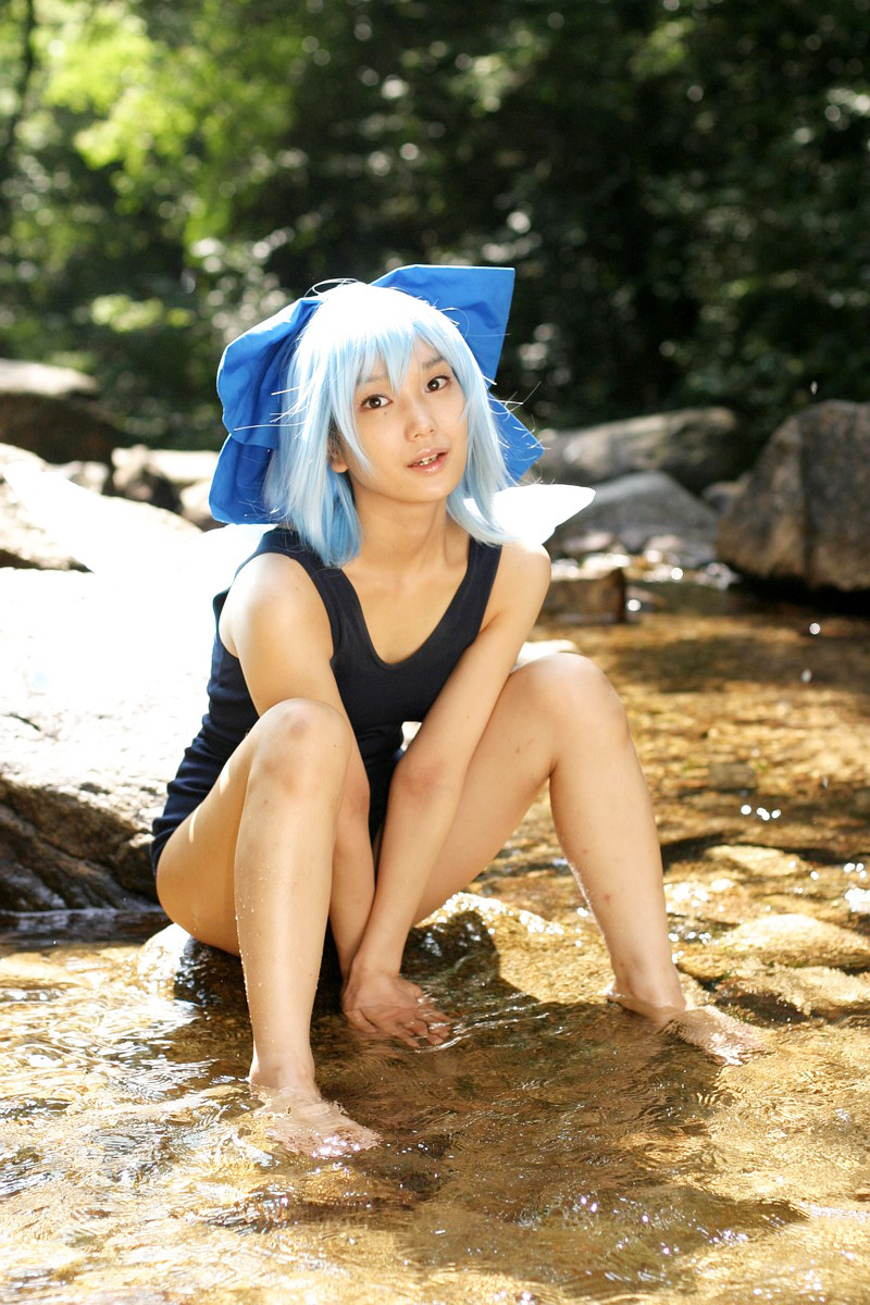 1girl aqua_hair asian barefoot breasts cirno cosplay female japanese lenfried long_hair one-piece_swimsuit outside ribbon sitting solo spread_legs swimsuit touhou water watermark wet wings